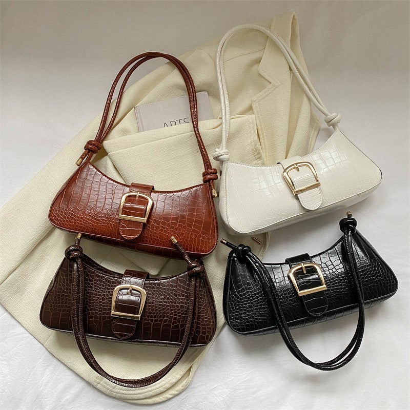 Minimalist Croc Print Baguette Handbag Decorative Adjustable Metal Buckle Knotted Wide Shoulder Strap Wear Resistant Leather Look Fashion Shoulder Bag For College Leisure Business Events And Vintage Daily Wear - Image 2