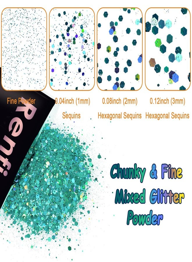 Renfio Holographic Chunky Glitter, 3.5 Oz (100g) Metallic PET Flake Mixed Fine Powder Face Glitters for Craft Resin Pigment Tumbler Ornament Painting Hair Body Wedding Decor - Laser Turquoise Blue - Image 4