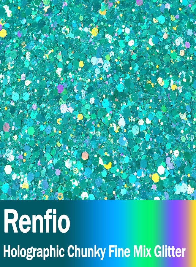 Renfio Holographic Chunky Glitter, 3.5 Oz (100g) Metallic PET Flake Mixed Fine Powder Face Glitters for Craft Resin Pigment Tumbler Ornament Painting Hair Body Wedding Decor - Laser Turquoise Blue - Image 2