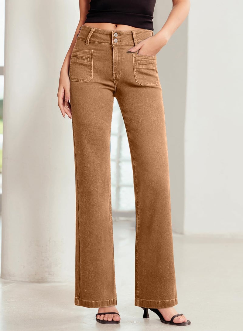 Sidefeel Women's Wide Leg Jeans Woman Fall Outfit Trendy Stretchy High Waisted Straight Leg Denim Pants Brown Size 8 - Image 5