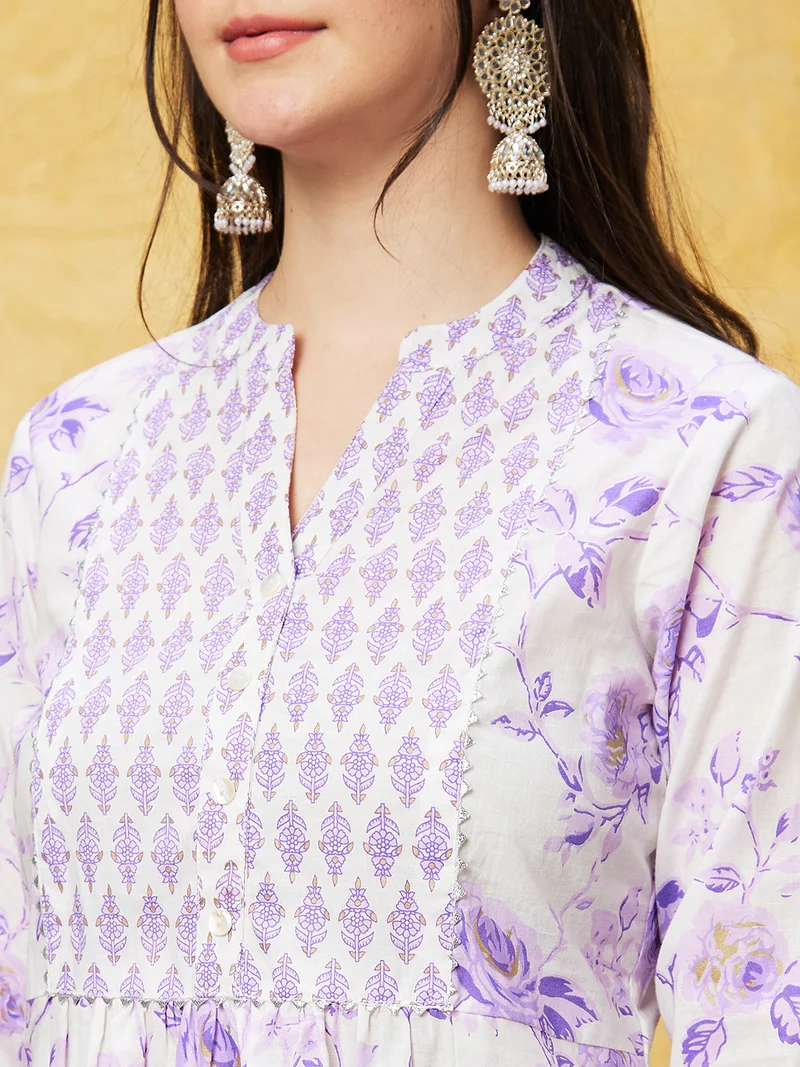 globus Women Off White Floral Printed Band Collar Pure Cotton Kurta With Trousers