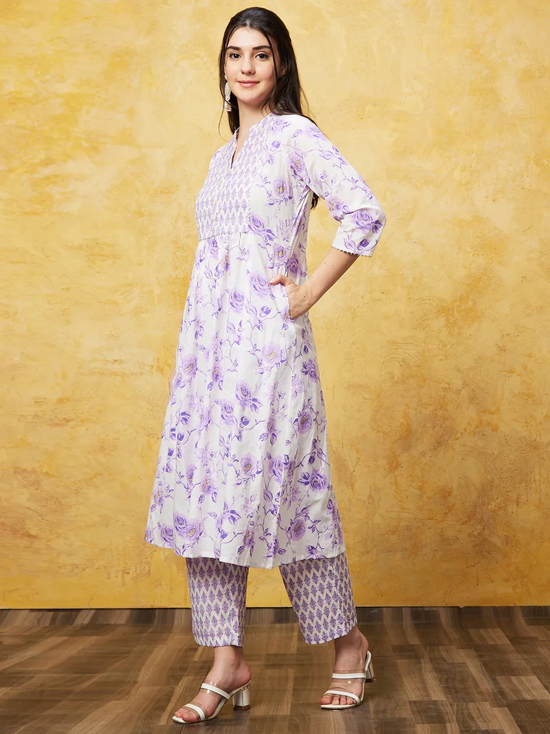 globus Women Off White Floral Printed Band Collar Pure Cotton Kurta With Trousers