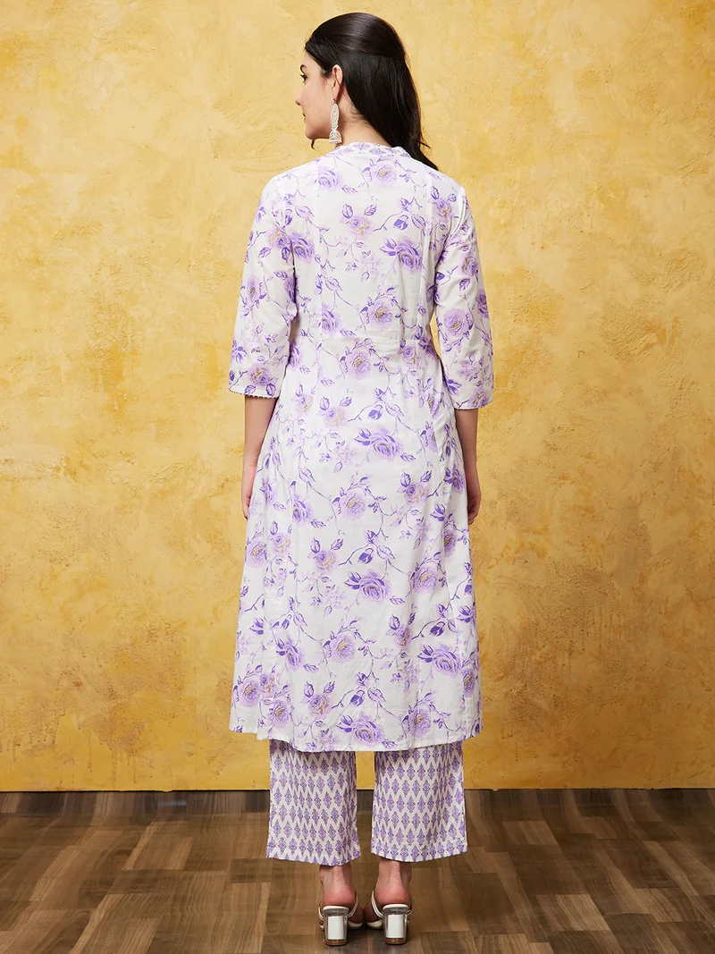 globus Women Off White Floral Printed Band Collar Pure Cotton Kurta With Trousers