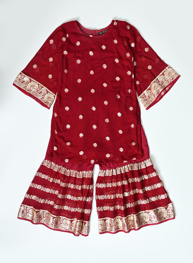 BELLA MODA Printed Round Neck Kurta and Tiered Sharara Set - Image 4