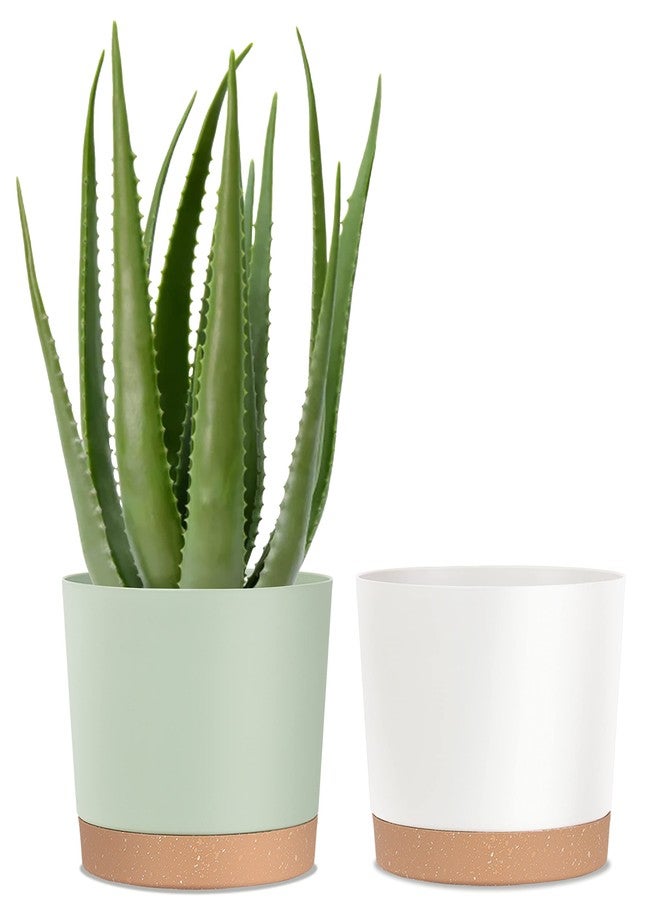 kubvici Plant Pots for Indoor Plants, 2 Pack 10 Inch Plant Pot Plastic Flower Pots Planters with Drainage Saucer for Indoor Outdoor Garden Home (10" Green & White) - Image 1