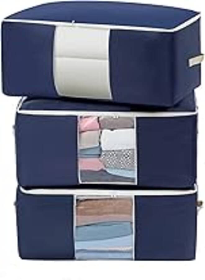 Oxford Fabric Clothes Storage Bag Large Capacity Organizer with Reinforced Handle Sturdy Zipper and Clear Window for Blankets, Bedding, Comforters, 3 Pack, 84L, Blue, 