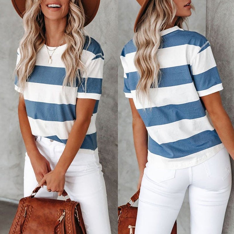 Spot 2022 summer new Europe and the United States fashion blue and white striped printing round neck short sleeve casual T-shirt women blue 2XL - Image 2