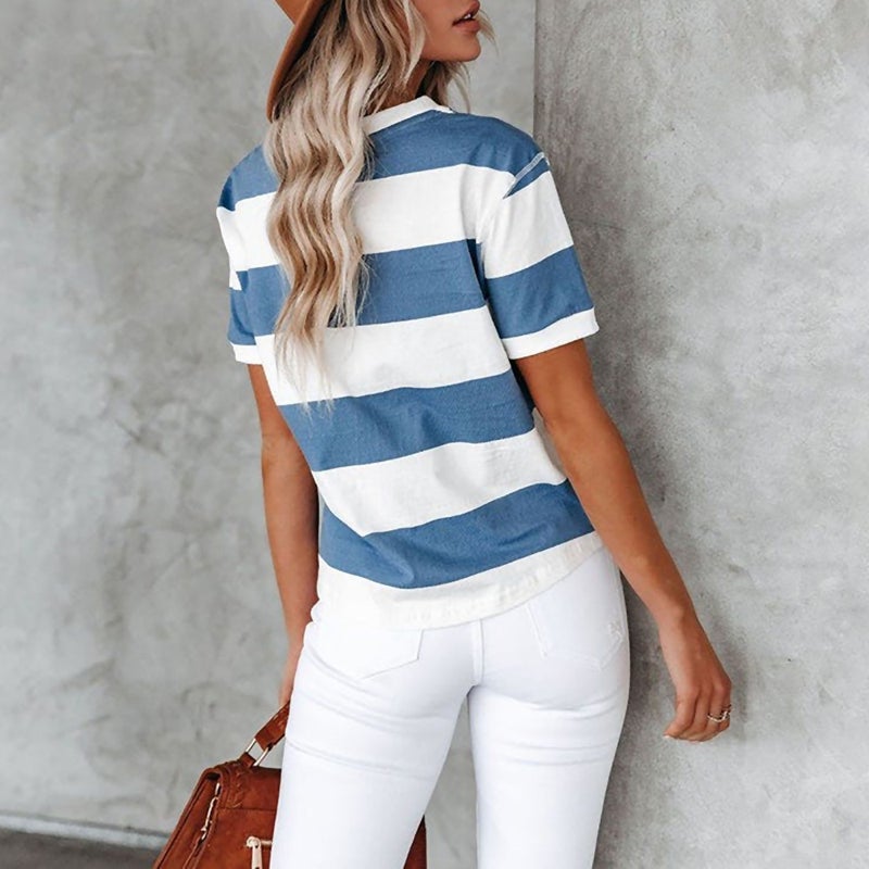 Spot 2022 summer new Europe and the United States fashion blue and white striped printing round neck short sleeve casual T-shirt women blue 2XL - Image 5