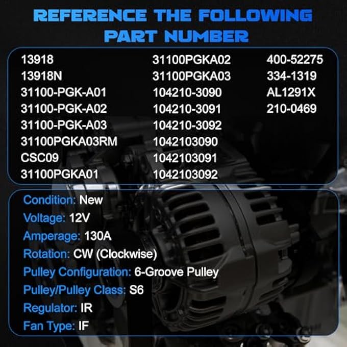 YOMALL Alternator 13918 13918N for 2002 2003 2004 Odyssey 3.5L, for 2003-2004 Pilot 3.5L, for 2001-2002 MDX 3.5L, 130Amp 6-Groove Pulley Vehicle Alternator 31100-PGK-A01 104210-3090 - Image 3