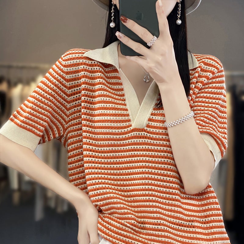 Summer Thin Worsted Wool Striped Short-sleeved Women's V-neck T-shirt Colorblock Lapel Half-sleeved Loose Age-reducing Knitted Top - Image 4