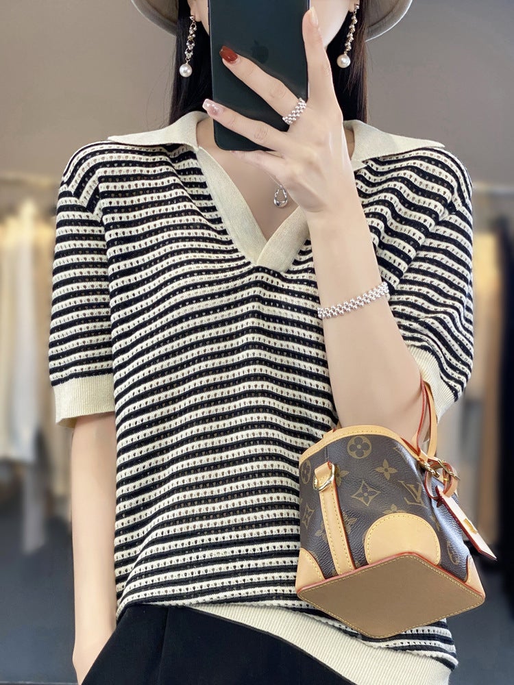 Summer Thin Worsted Wool Striped Short-sleeved Women's V-neck T-shirt Colorblock Lapel Half-sleeved Loose Age-reducing Knitted Top - Image 1