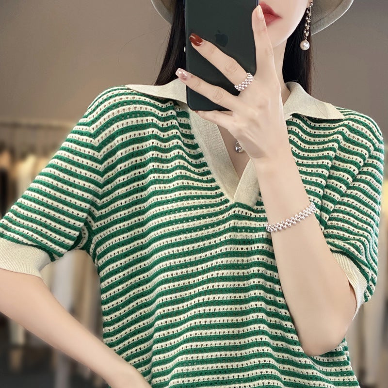 Summer Thin Worsted Wool Striped Short-sleeved Women's V-neck T-shirt Colorblock Lapel Half-sleeved Loose Age-reducing Knitted Top - Image 3