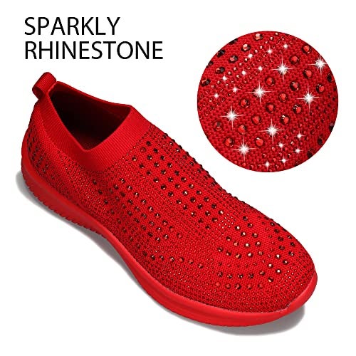 BELOS Women's Rhinestone Slip On Walking Shoes Breathable Mesh Knit Sock Shoes Fashion Comfortable Sparkly Sneaker(Red,8) - Image 3