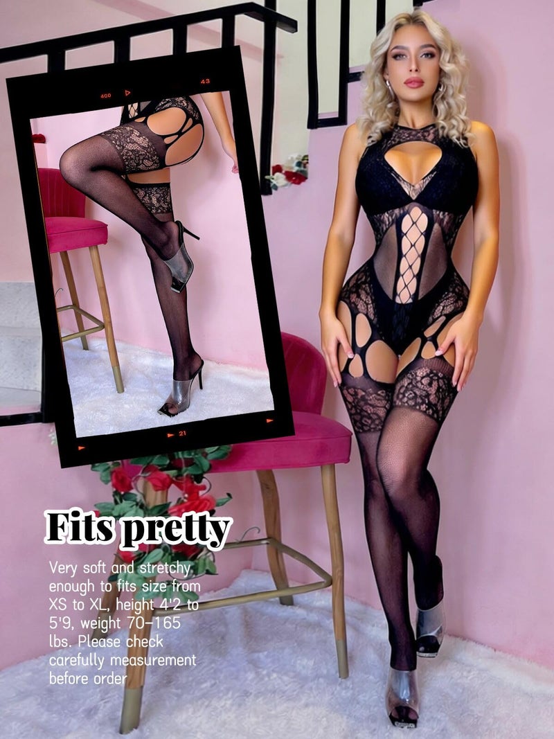 Buitifo Womens Fishnet Bodystocking Plus Size Crotchless Bodysuit Sexy Tights Soft Nightwear Lingerie (Black XDD,M) - Image 2
