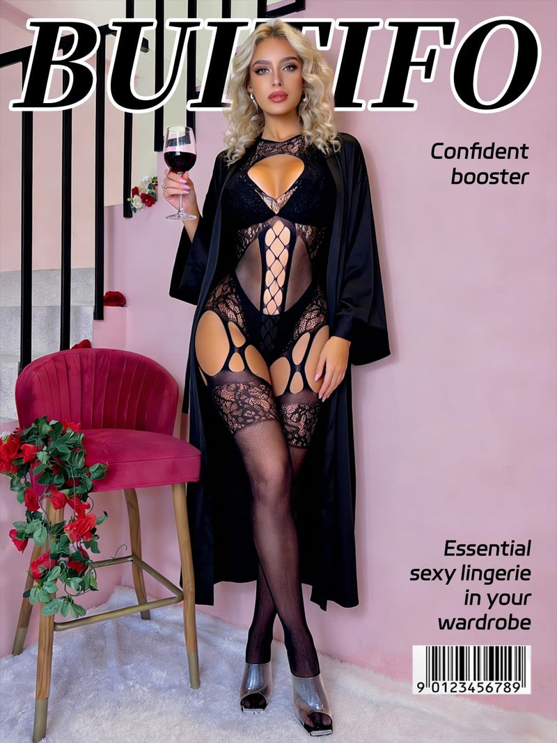 Buitifo Womens Fishnet Bodystocking Plus Size Crotchless Bodysuit Sexy Tights Soft Nightwear Lingerie (Black XDD,M) - Image 4