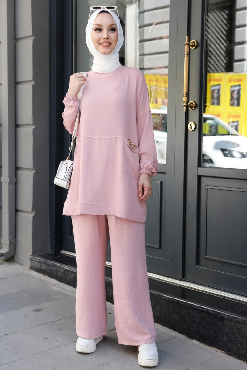 Tofisa 10542-GÜL Chain Detailed Tunic Trousers Two Piece Set