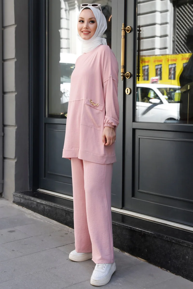 Tofisa 10542-GÜL Chain Detailed Tunic Trousers Two Piece Set