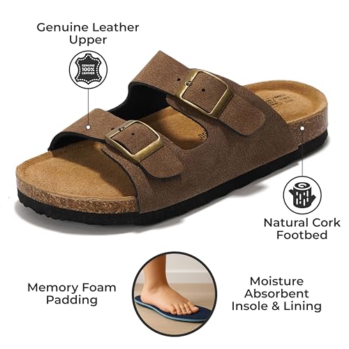 Project Cloud Genuine Leather Slides For Kids - Natural Cork Footbed Summer Sandals Beach Slide Sandals for Girls & Boys - Non-Slip Boys & Girls Sandals (Little Venita, BRWNSUGACT,13) - Image 2