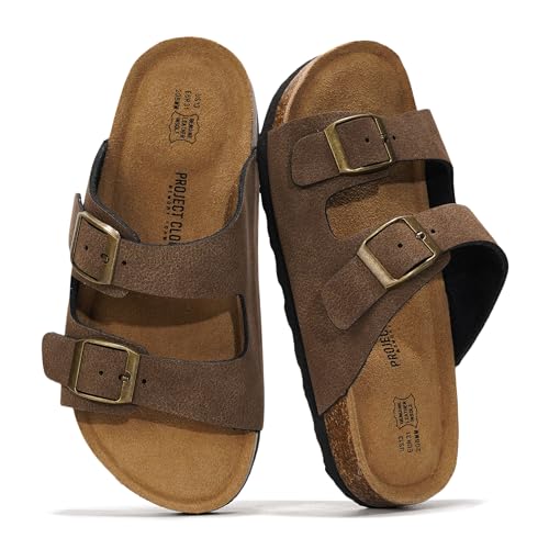 Project Cloud Genuine Leather Slides For Kids - Natural Cork Footbed Summer Sandals Beach Slide Sandals for Girls & Boys - Non-Slip Boys & Girls Sandals (Little Venita, BRWNSUGACT,13) - Image 1