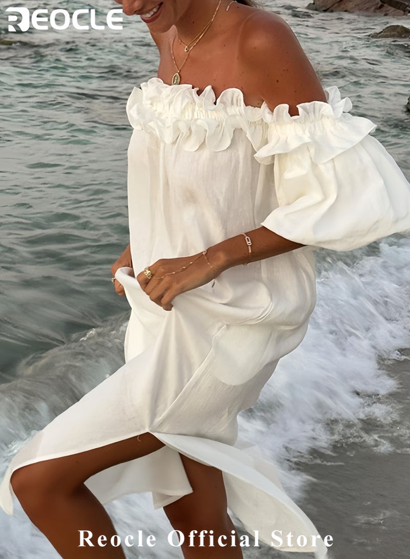 Women's Off-Shoulder Maxi Dress Ruffle Sundress Boho Beach Gown Casual Loose Summer Robe