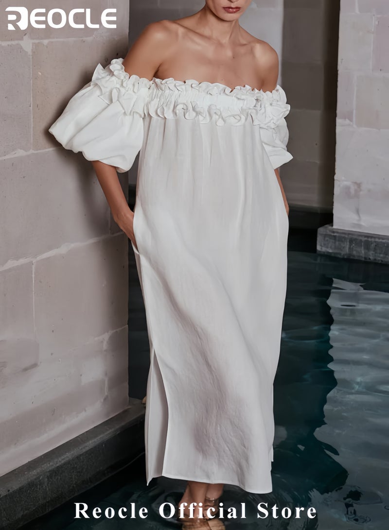 Women's Off-Shoulder Maxi Dress Ruffle Sundress Boho Beach Gown Casual Loose Summer Robe
