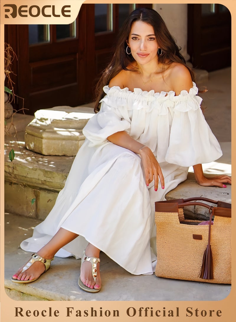 Women's Off-Shoulder Maxi Dress Ruffle Sundress Boho Beach Gown Casual Loose Summer Robe