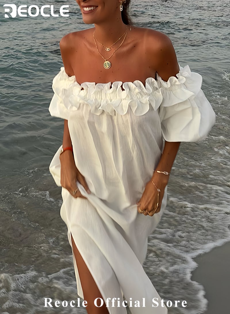 Women's Off-Shoulder Maxi Dress Ruffle Sundress Boho Beach Gown Casual Loose Summer Robe