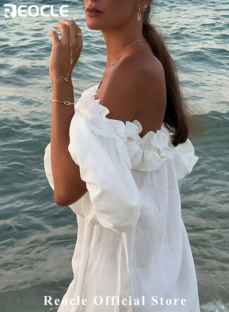 Women's Off-Shoulder Maxi Dress Ruffle Sundress Boho Beach Gown Casual Loose Summer Robe
