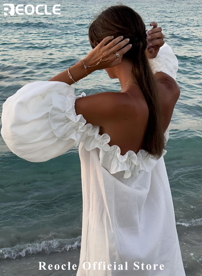 Women's Off-Shoulder Maxi Dress Ruffle Sundress Boho Beach Gown Casual Loose Summer Robe