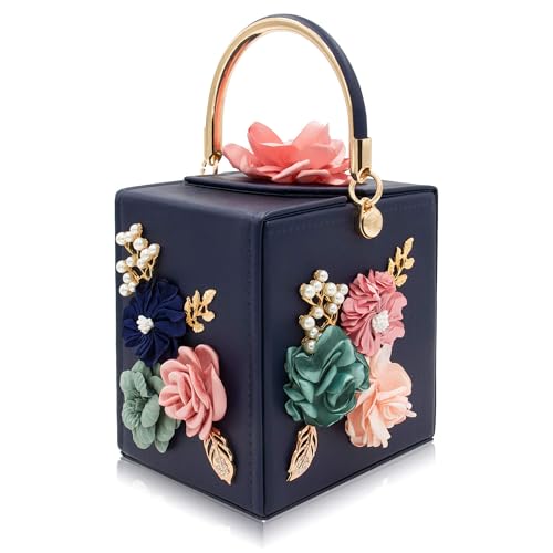 Milisente Evening Clutch Bag for Women Floral Square Box Evening Bags Crossbody Shoulder handBags Flower Wedding Clutch Purse(Navy Blue) - Image 1
