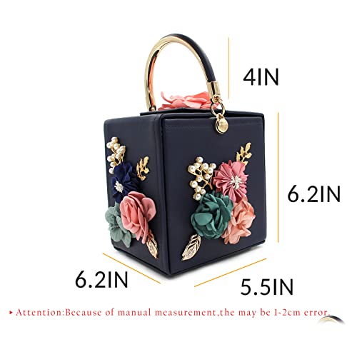 Milisente Evening Clutch Bag for Women Floral Square Box Evening Bags Crossbody Shoulder handBags Flower Wedding Clutch Purse(Navy Blue) - Image 3