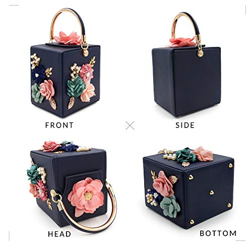 Milisente Evening Clutch Bag for Women Floral Square Box Evening Bags Crossbody Shoulder handBags Flower Wedding Clutch Purse(Navy Blue) - Image 5