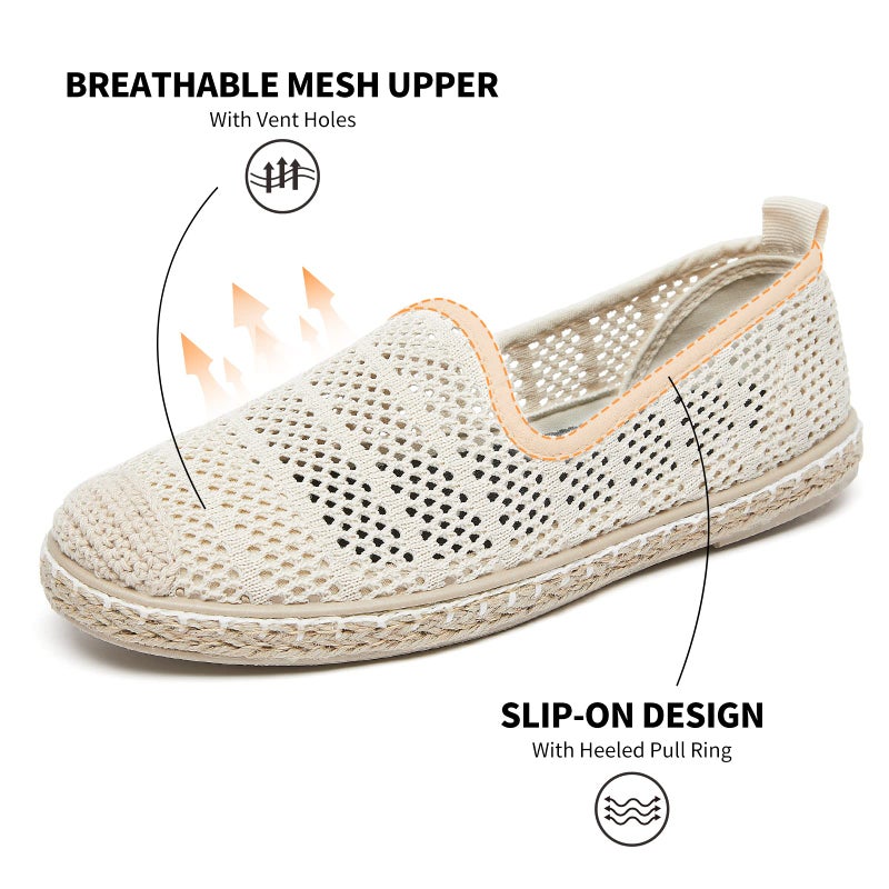 BABUDOG Women's Breathable Mesh Flats Shoes, Soft Loafers Flats, White Slip on Shoes Loafers(Beige.US8) - Image 4