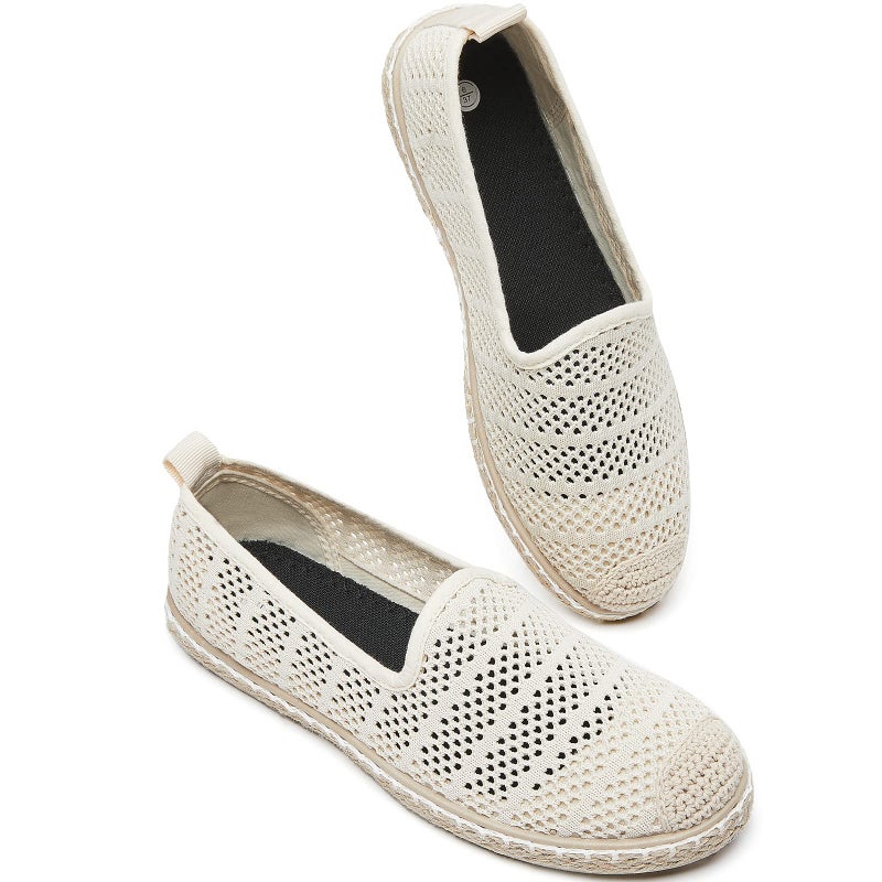 BABUDOG Women's Breathable Mesh Flats Shoes, Soft Loafers Flats, White Slip on Shoes Loafers(Beige.US8) - Image 1