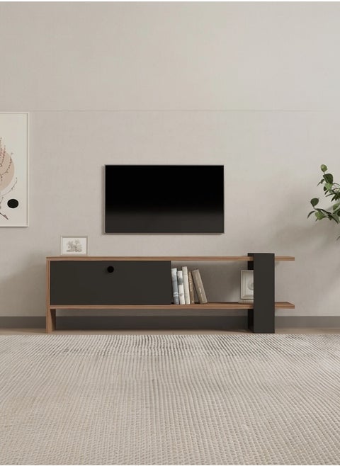 Modern Low-Profile TV Unit with Open Shelves and Sliding Door – Black & Wood