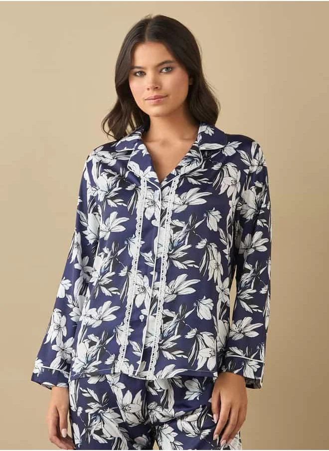 فاف All-Over Floral Print Laced Long Sleeve Shirt and Elasticated Pyjama Set