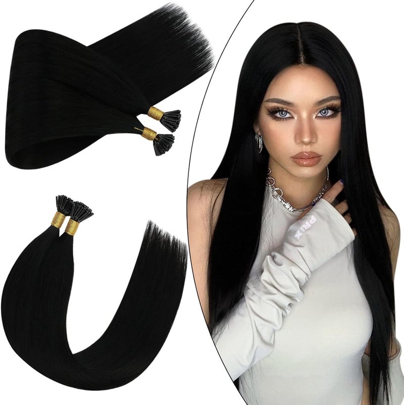 Ugeat Black I Tip Hair Extensions Human Hair Long Length 24 Inch Jet Black Itip Human Hair Extensions Flexible I Tip Reusable No Damage for Women Daily Life 50S - Image 1