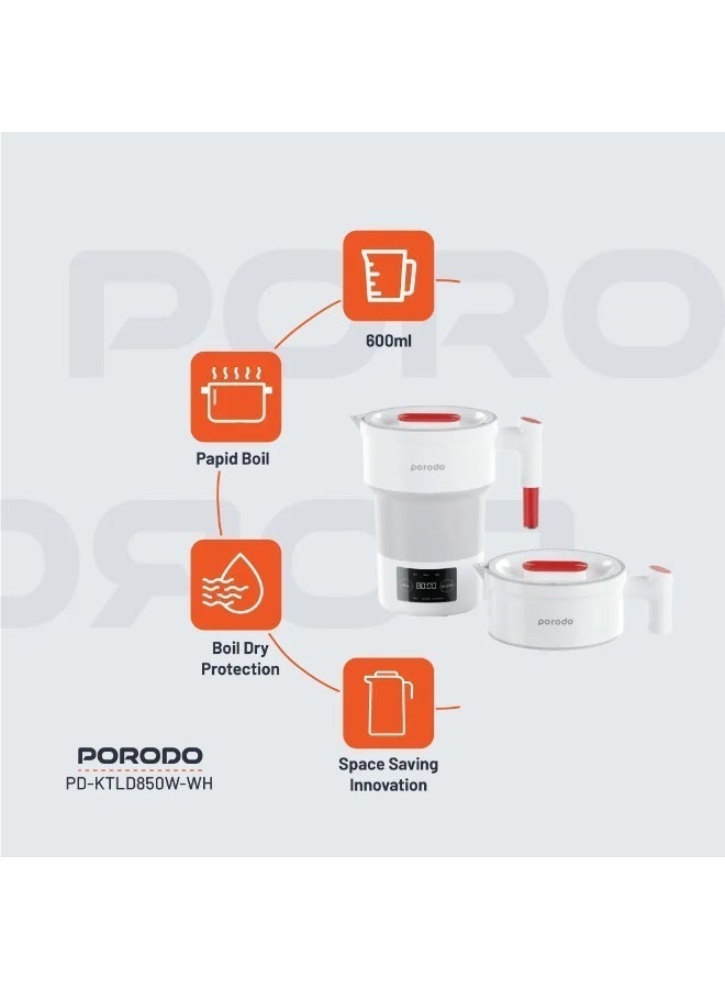 porodo Foldable Cordless Electric Kettle / 600mL Capacity / 850W Fast Heating / Collapsible Silicone Design / Touch Temperature Control / Boil-Dry Protection / Travel & Portable Use - White - Image 4