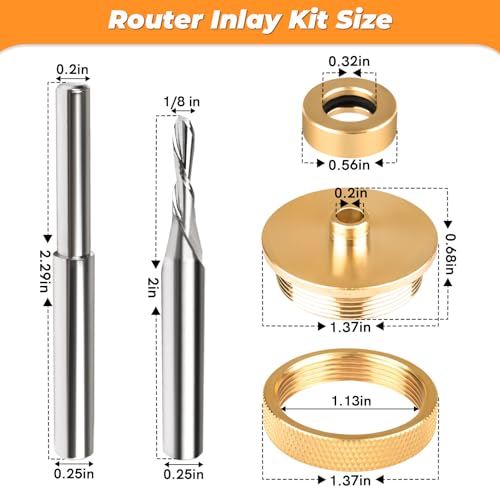 ALOCS 71333 Router Bits Solid Brass Inlay Kit for 1/4 Templates for High RPM Routing, Includes 1/8" Carbide Router Bit/Cutter + 1/4" Shank, Universal Bushing, Retainer Nut, Collar and Alignment Pin - Image 3