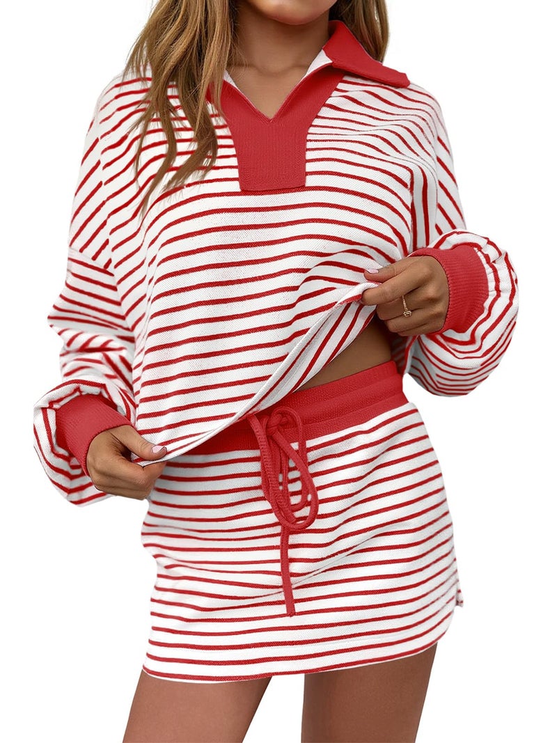 Fisoew Womens Striped 2 Piece Outfits Casual Sweatshirt Skirt Set Long Sleeve Skort Workout Set Matching Lounge Sets - Image 1
