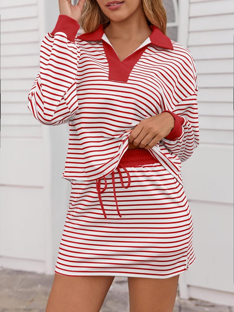 Fisoew Womens Striped 2 Piece Outfits Casual Sweatshirt Skirt Set Long Sleeve Skort Workout Set Matching Lounge Sets - Image 3