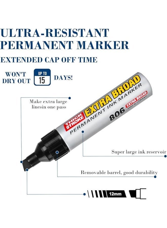 Extra Pack of 6 Permanent Marker Pens, Permanent Marker Black, Wedge Tip, Bold Pen Tip, Black, Waterproof Pen for Cardboard, Plastic, Wood, Metal, Glass, Stone, Canvas - Image 2