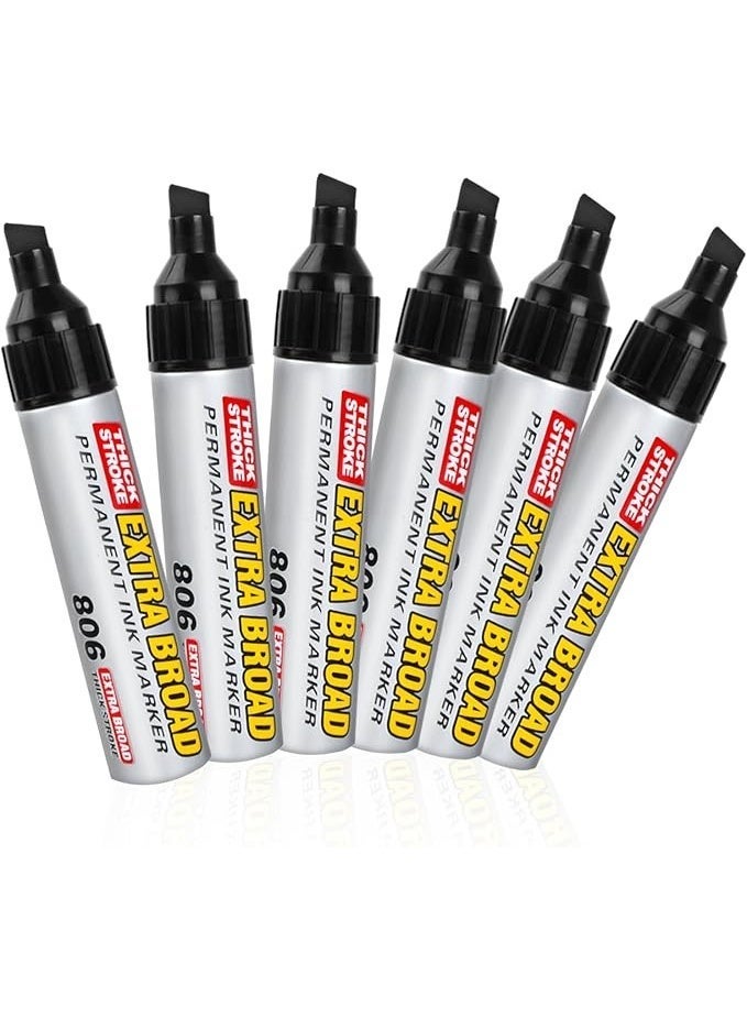 Extra Pack of 6 Permanent Marker Pens, Permanent Marker Black, Wedge Tip, Bold Pen Tip, Black, Waterproof Pen for Cardboard, Plastic, Wood, Metal, Glass, Stone, Canvas - Image 3