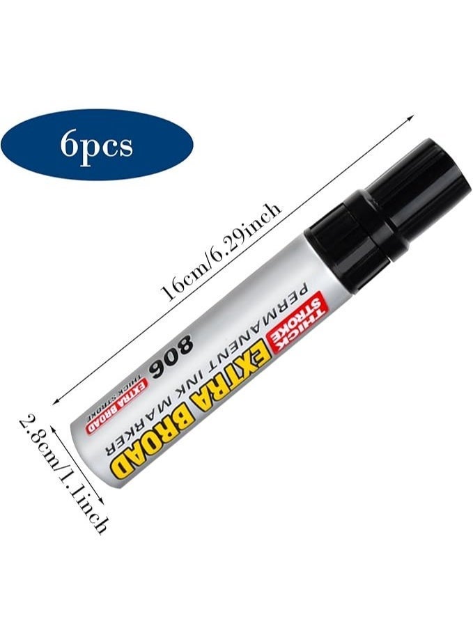 Extra Pack of 6 Permanent Marker Pens, Permanent Marker Black, Wedge Tip, Bold Pen Tip, Black, Waterproof Pen for Cardboard, Plastic, Wood, Metal, Glass, Stone, Canvas - Image 1