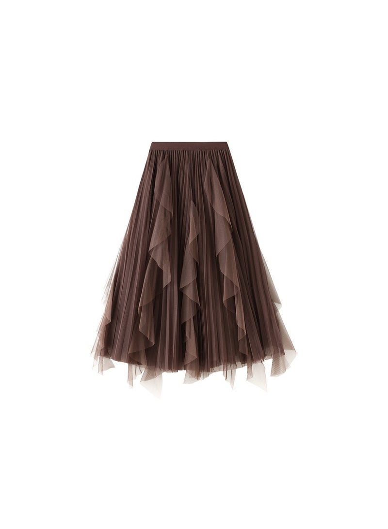 Loquat Women's High Waisted Ruffled Edge Patchwork Mesh Skirt Brown  - Image 1