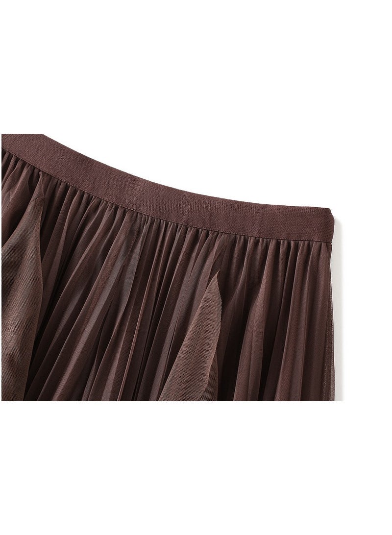 Loquat Women's High Waisted Ruffled Edge Patchwork Mesh Skirt Brown  - Image 2