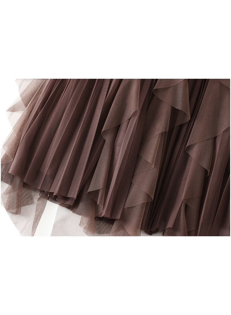 Loquat Women's High Waisted Ruffled Edge Patchwork Mesh Skirt Brown  - Image 3