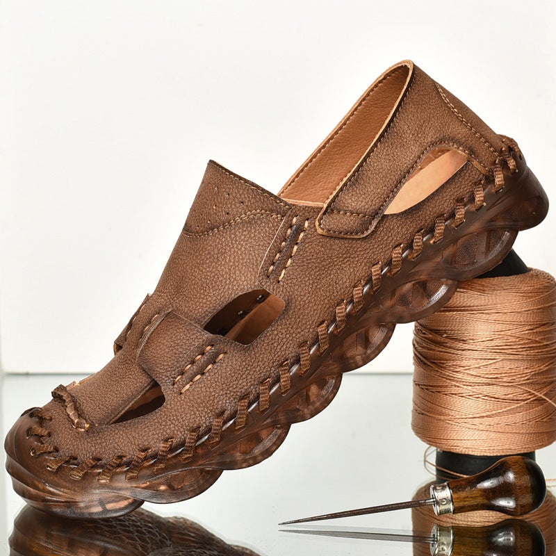 2023 Men'S Shoes Style Baotou Cowhide Breathable Sandals Outdoor Beach Shoes Hollow Foot Driving Shoes - Image 1