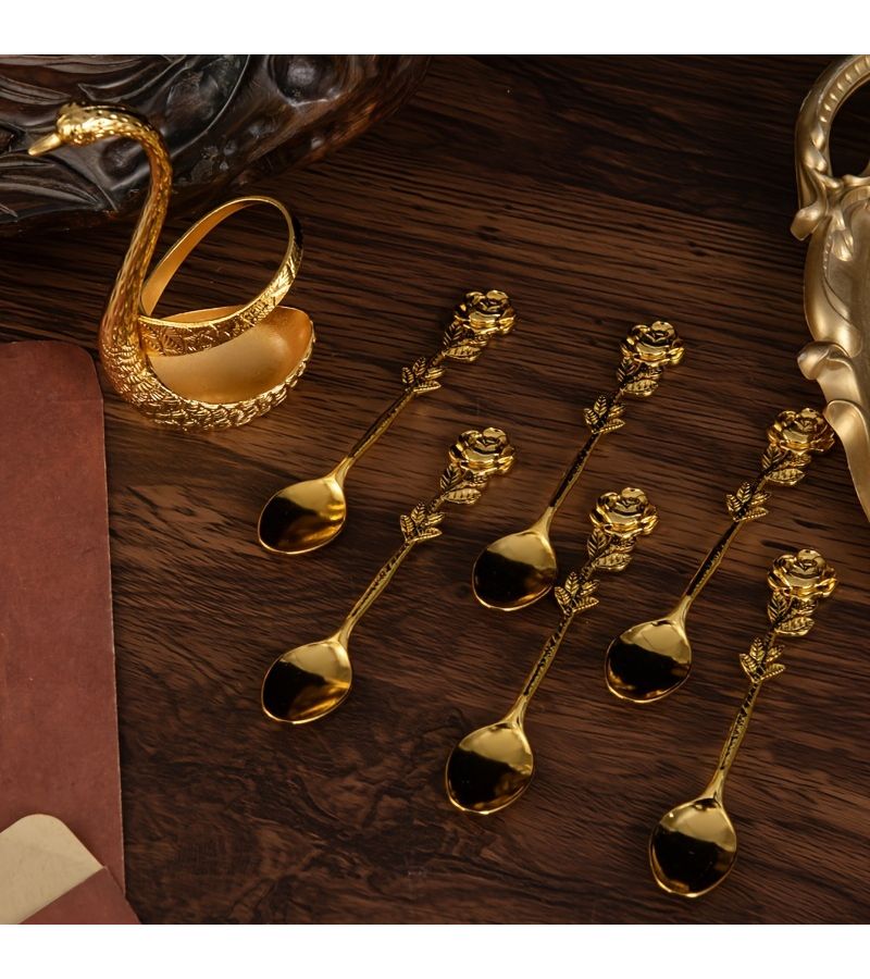 7pcs Cute Little Swan Spoon Rack Set Golden Including 1pc Little Swan Rack And 6pcs Rose Spoon Tabletop Ornament For Restaurant Light Luxury Photography Prop Wedding Gift - Image 2