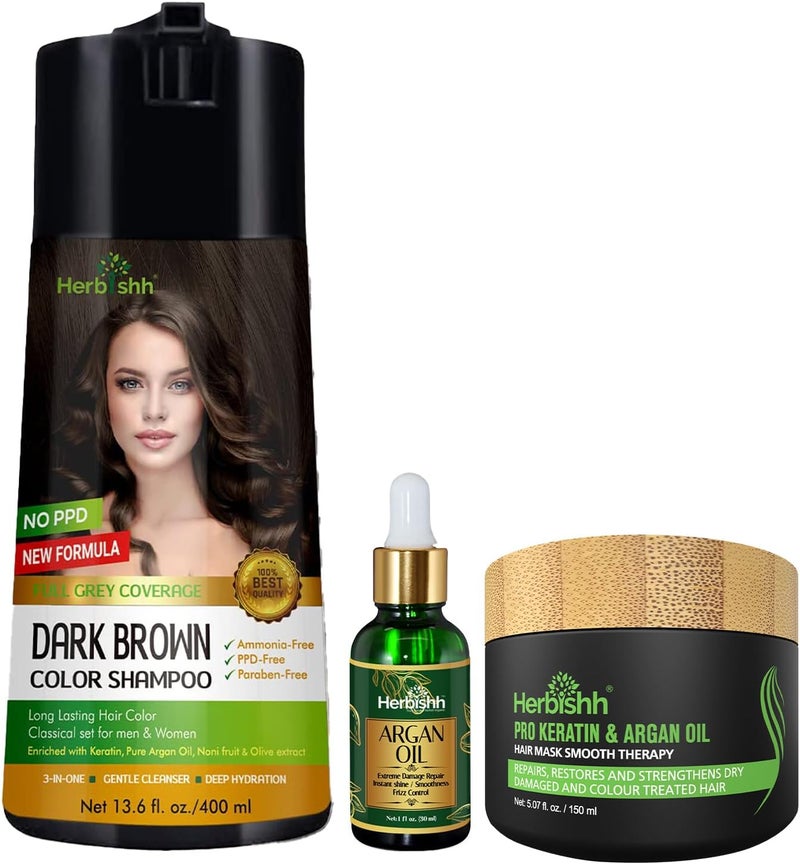 Herbishh Hair Colour Shampoo Set - Dark Brown (400ml) with Argan Oil Serum (30ml) & Pro Keratin Hair Mask (150g) - Image 1